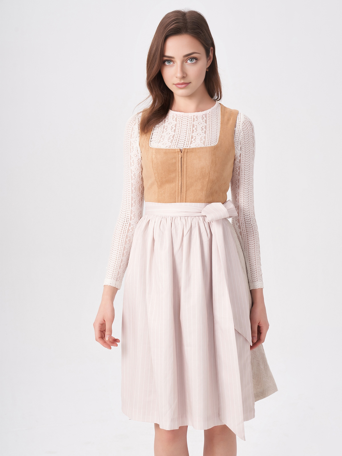 Ein elegantes braunes langarm Dirndl mit feiner Stickerei