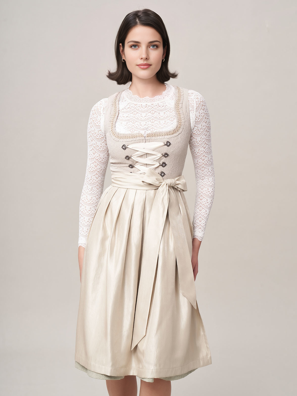 Modernes beiges Dirndl mit schwarzem Mieder